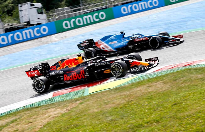 33 Max Verstappen (NED, Red Bull Racing), 14 Fernando Alonso (ESP, Alpine F1 Team), F1 Grand Prix of Austria at Red Bull Ring on July 4, 2021 in Spielberg, Austria. (Photo by HOCH ZWEI) Spielberg Austria