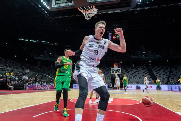 Basketball Split 04.07.2021 Olympia-Qualifikation FIBA Olympic Qualifying Tournament 2020 Finale Deutschland (GER) - Brasilien (BRA) Moritz Wagner (Deutschland, No.13) Lucas Dias (Brasilien, No.18)