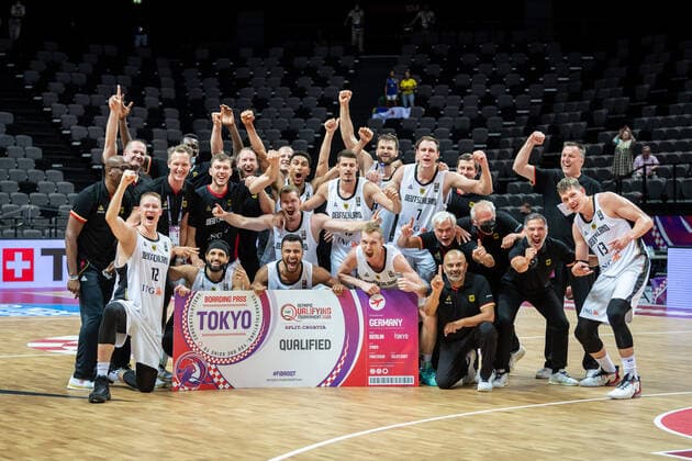 Sport Themen der Woche KW26 Sport Bilder des Tages Basketball Split 04.07.2021 Olympia-Qualifikation FIBA Olympic Qualifying Tournament 2020 Finale Deutschland (GER) - Brasilien (BRA) Deutschland qualifiziert sich mit einem Sieg über Brasilien für die Olympischen Spiel in Tokyo Jubel Deutschland