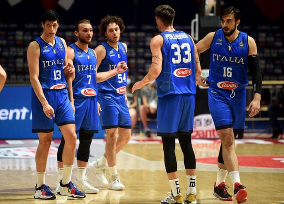 04.07.2021 Belgrade Serbia-Italy FIBA Olympic qualifying tournament final men s basketball Simone Fontecchio,Stefano Tonut,Alessandro Pajola,Amedeo Tessitori Italy during match :Str