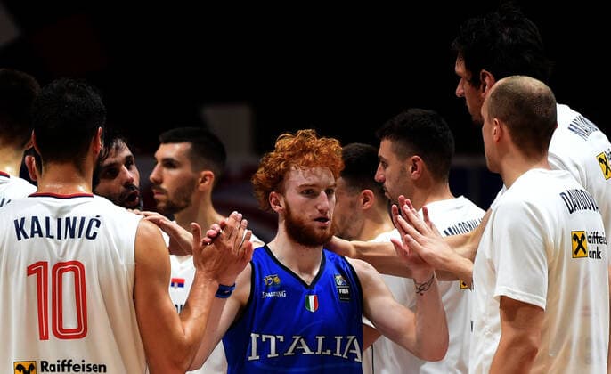 04.07.2021 Belgrade Serbia-Italy FIBA Olympic qualifying tournament final men s basketball Nicolo Mannion(C) Italy after match beside Milos Teodosic(L) Serbia :Str