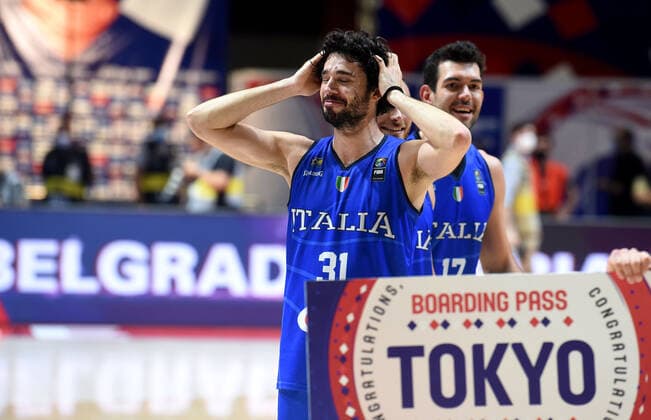 04.07.2021 Belgrade Serbia-Italy FIBA Olympic qualifying tournament final men s basketball Michele Vitali Italy celebrate victory :Str