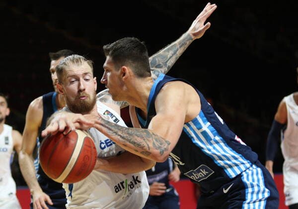 July 4, 2021, Victoria, BC, Canada: Czech Republic s Patrik Auda hits the ball away from Greece s Konstantinos Mitoglou during the second half of FIBA Men s Olympic Qualifying final basketball action at Memorial Arena in Victoria, B.C., on Sunday, July 4, 2021. Patrik Auda,Konstantinos Mitoglou  - ZUMAc35_ 20210704_zaf_c35_045 Copyright: xChadxHipolitox