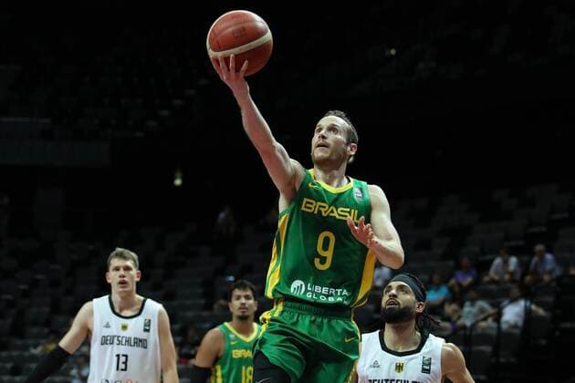 (210705) -- SPLIT (CROATIA), July 5, 2021 -- Marcelinho Huertas of Brazil goes up for a shot during the 2020 FIBA Men s Olympic Qualifying Tournament final match between Germany and Brazil in Split, Croatia, July 4, 2021. ( Pixsell via Xinhua) (SP)CROATIA-SPLIT-FIBA OQT-FINALS-BRAZIL VS GERMANY IvoxCagalj 