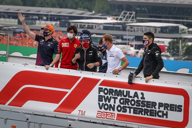 FORMULA 1 - GP of Austria 2021 SPIELBERG,AUSTRIA,04.JUL.21 - MOTORSPORTS, FORMULA 1 - Grand Prix of Austria, Red Bull Ring. Image shows drivers parade with Max Verstappen (NED Red Bull Racing), Carlos Sainz (ESP Ferrari), Fernando Alonso (ESP Alpine), Yuki Tsunoda (JPN Scuderia AlphaTauri), Mick Schumacher (GER Haas), and Esteban Ocon (FRA Alpine).  GEPAxpictures xManfredxBinder