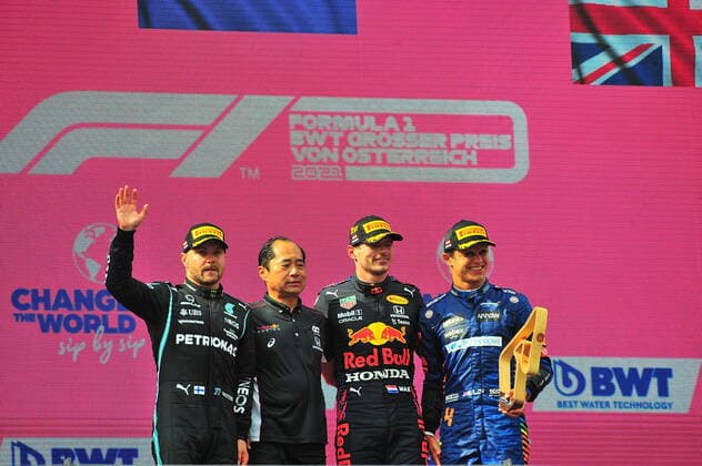 Formula 1 BWT Grosser Preis von Österreich 2021 04.07.2021, Red Bull Ring , Spielberg, Formula 1 BWT Grosser Preis von Österreich 2021 , im Bild Sieger Max Verstappen (NEL 33), Red Bull Racing Honda, 2.Platz für Valtteri Bottas (FIN 77), Mercedes-AMG Petronas Formula One Team, 3.Platz für Lando Norris (GBR 4), McLaren F1 Team