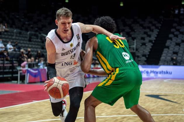Basketball Split 04.07.2021 Olympia-Qualifikation FIBA Olympic Qualifying Tournament 2020 Finale Deutschland (GER) - Brasilien (BRA) Moritz Wagner (Deutschland, No.13) Bruno Caboclo (Brasilien, No.50)