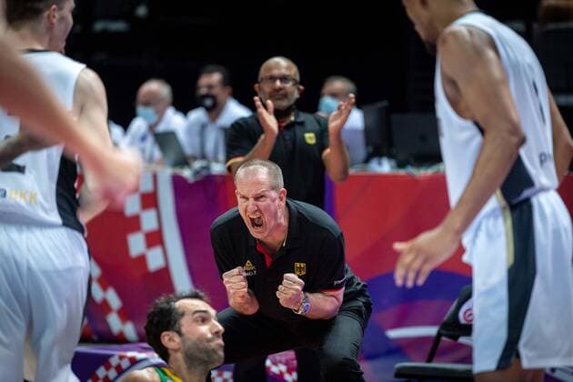 Basketball Split 04.07.2021 Olympia-Qualifikation FIBA Olympic Qualifying Tournament 2020 Finale Deutschland (GER) - Brasilien (BRA) Henrik RËÜdl (Deutschland, Bundestrainer) Rodl Roedl Jubel
