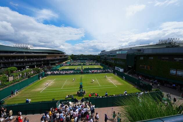 Mandatory Credit: Photo by Shutterstock (12196118f) General view of the outside courts Wimbledon Tennis Championships, Day 7, The All England Lawn Tennis and Croquet Club, London, UK - 05 Jul 2021 Wimbledon Tennis Championships, Day 7, The All England Lawn Tennis and Croquet Club, London, UK - 05 Jul 2021  Copyright: xShutterstockx 12196118f