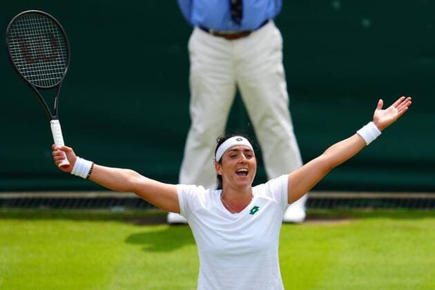 Mandatory Credit: Photo by Javier Garcia Shutterstock (12196117ad) Ons Jabeur celebrates victory in her fourth round match Wimbledon Tennis Championships, Day 7, The All England Lawn Tennis and Croquet Club, London, UK - 05 Jul 2021 Wimbledon Tennis Championships, Day 7, The All England Lawn Tennis and Croquet Club, London, UK - 05 Jul 2021  Copyright: xJavierxGarcia Shutterstockx 12196117ad