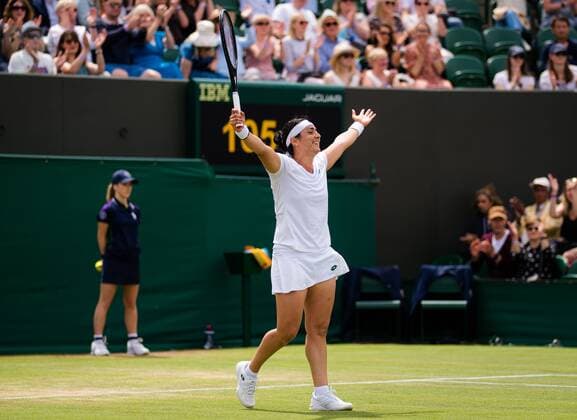 Mandatory Credit: Photo by Rob Prange Shutterstock (12196121e) Ons Jabeur of Tunisia in action during the fourth round at the 2021 Wimbledon Championships Grand Slam tennis tournament Wimbledon Tennis Championships, Day 7, The All England Lawn Tennis and Croquet Club, London, UK - 05 Jul 2021 Wimbledon Tennis Championships, Day 7, The All England Lawn Tennis and Croquet Club, London, UK - 05 Jul 2021  Copyright: xRobxPrange Shutterstockx 12196121e