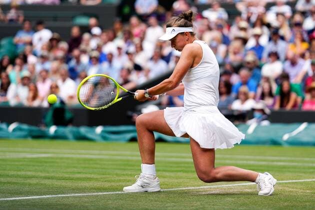 Mandatory Credit: Photo by Shutterstock (12196118bw) Barbora Krejcikova during her fourth round match Wimbledon Tennis Championships, Day 7, The All England Lawn Tennis and Croquet Club, London, UK - 05 Jul 2021 Wimbledon Tennis Championships, Day 7, The All England Lawn Tennis and Croquet Club, London, UK - 05 Jul 2021  Copyright: xShutterstockx 12196118bw