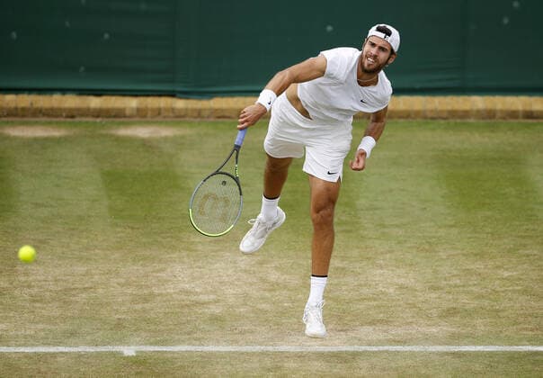 Mandatory Credit: Photo by Shutterstock (12196120u) Karen Khachanov of Russia in action Wimbledon Tennis Championships, Day 7, The All England Lawn Tennis and Croquet Club, London, UK - 05 Jul 2021 Wimbledon Tennis Championships, Day 7, The All England Lawn Tennis and Croquet Club, London, UK - 05 Jul 2021  Copyright: xShutterstockx 12196120u