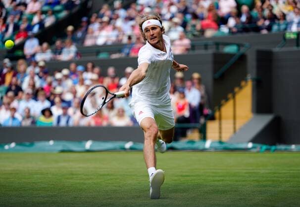 Mandatory Credit: Photo by Shutterstock (12196118cv) Alexander Zverev during his fourth round match Wimbledon Tennis Championships, Day 7, The All England Lawn Tennis and Croquet Club, London, UK - 05 Jul 2021 Wimbledon Tennis Championships, Day 7, The All England Lawn Tennis and Croquet Club, London, UK - 05 Jul 2021  Copyright: xShutterstockx 12196118cv