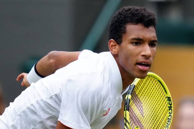 Mandatory Credit: Photo by Shutterstock (12196118ec) Felix Auger-Aliassime during his fourth round match Wimbledon Tennis Championships, Day 7, The All England Lawn Tennis and Croquet Club, London, UK - 05 Jul 2021 Wimbledon Tennis Championships, Day 7, The All England Lawn Tennis and Croquet Club, London, UK - 05 Jul 2021  Copyright: xShutterstockx 12196118ec
