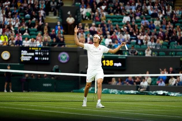 Mandatory Credit: Photo by Shutterstock (12196118gn) Alexander Zverev reacts during his fourth round match Wimbledon Tennis Championships, Day 7, The All England Lawn Tennis and Croquet Club, London, UK - 05 Jul 2021 Wimbledon Tennis Championships, Day 7, The All England Lawn Tennis and Croquet Club, London, UK - 05 Jul 2021  Copyright: xShutterstockx 12196118gn
