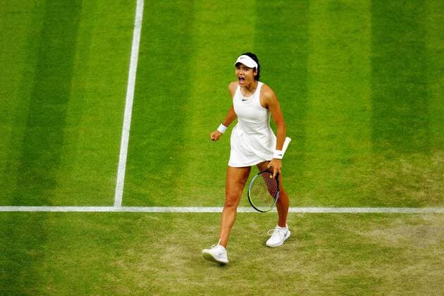 Mandatory Credit: Photo by Javier Garcia Shutterstock (12196117md) Emma Raducanu reacts during her fourth round match Wimbledon Tennis Championships, Day 7, The All England Lawn Tennis and Croquet Club, London, UK - 05 Jul 2021 Wimbledon Tennis Championships, Day 7, The All England Lawn Tennis and Croquet Club, London, UK - 05 Jul 2021  Copyright: xJavierxGarcia Shutterstockx 12196117md
