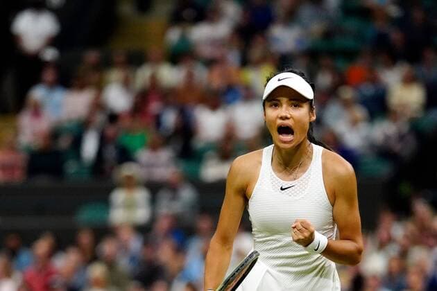 Mandatory Credit: Photo by Shutterstock (12196118is) Emma Raducanu celebrates during her fourth round match Wimbledon Tennis Championships, Day 7, The All England Lawn Tennis and Croquet Club, London, UK - 05 Jul 2021 Wimbledon Tennis Championships, Day 7, The All England Lawn Tennis and Croquet Club, London, UK - 05 Jul 2021  Copyright: xShutterstockx 12196118is