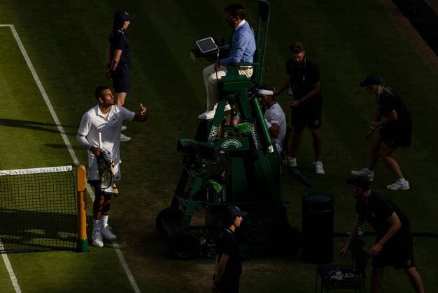 Mandatory Credit: Photo by Ella Ling BPI Shutterstock (10327627bm) Nick Kyrgios speaks to the Umpire during his Men s Singles second round match Wimbledon Tennis Championships, Day 4, The All England Lawn Tennis and Croquet Club, London, UK - 04 Jul 2019 Wimbledon Tennis Championships, Day 4, The All England Lawn Tennis and Croquet Club, London, UK - 04 Jul 2019  Copyright: xEllaxLing BPI Shutterstockx 10327627bm