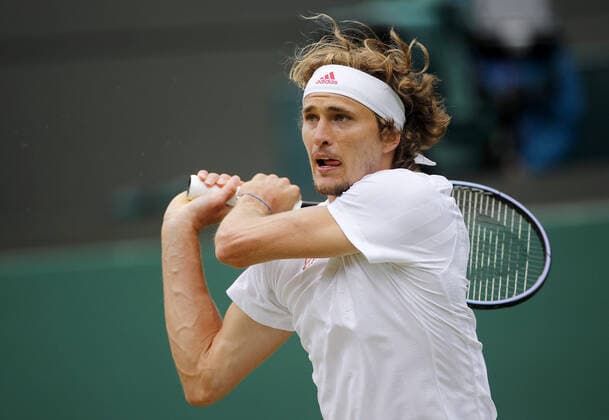 Mandatory Credit: Photo by Shutterstock (12196120bi) Alexander Zverev of Germany in action Wimbledon Tennis Championships, Day 7, The All England Lawn Tennis and Croquet Club, London, UK - 05 Jul 2021 Wimbledon Tennis Championships, Day 7, The All England Lawn Tennis and Croquet Club, London, UK - 05 Jul 2021  Copyright: xShutterstockx 12196120bi