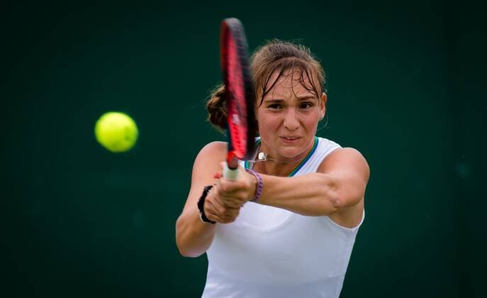 Mandatory Credit: Photo by Rob Prange Shutterstock (12196121fj) Mara Guth of Germany in action during the first round of Juniors competition at the 2021 Wimbledon Championships Grand Slam tennis tournament Wimbledon Tennis Championships, Day 7, The All England Lawn Tennis and Croquet Club, London, UK - 05 Jul 2021 Wimbledon Tennis Championships, Day 7, The All England Lawn Tennis and Croquet Club, London, UK - 05 Jul 2021  Copyright: xRobxPrange Shutterstockx 12196121fj