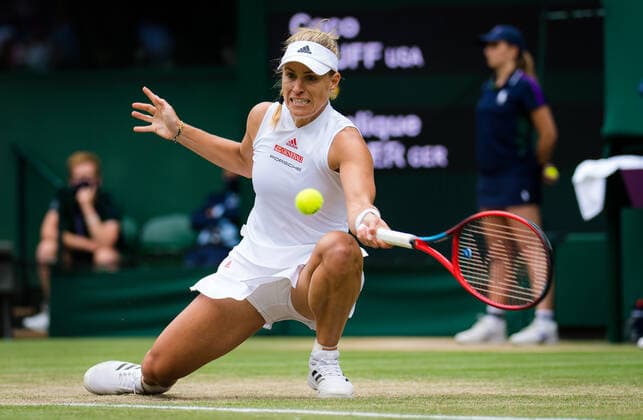 July 5, 2021: Angelique Kerber of Germany in action during the fourth round at the 2021 Wimbledon Championships Grand Slam tennis tournament against Cori Gauff of the United States London UK - ZUMAa181 20210705_zaa_a181_092 Copyright: xRobxPrangex