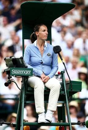 Mandatory Credit: Photo by James Marsh BPI Shutterstock (10332777bu) Umpire Eva Asderaki Moore Wimbledon Tennis Championships, Day 11, The All England Lawn Tennis and Croquet Club, London, UK - 12 Jul 2019 Wimbledon Tennis Championships, Day 11, The All England Lawn Tennis and Croquet Club, London, UK - 12 Jul 2019  Copyright: xJamesxMarsh BPI Shutterstockx 10332777bu