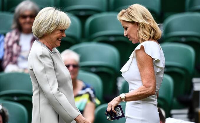 Mandatory Credit: Photo by Javier Garcia BPI Shutterstock (10333497a) Sue Barker and Chris Evert on Centre Court Wimbledon Tennis Championships, Day 12, The All England Lawn Tennis and Croquet Club, London, UK - 13 Jul 2019 Wimbledon Tennis Championships, Day 12, The All England Lawn Tennis and Croquet Club, London, UK - 13 Jul 2019  Copyright: xJavierxGarcia BPI Shutterstockx 10333497a
