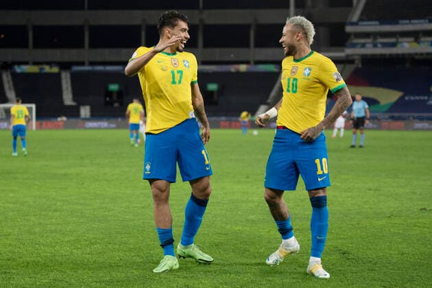 5th July 2021; Nilton Santos Stadium, Rio de Janeiro, Brazil; Copa America, Brazil versus Peru; Lucas Paquet& xe1; of Brazil celebrates his goal with Neymar in the 43rd minute 1-0  ActionPlus12303175 DiaEsportivo