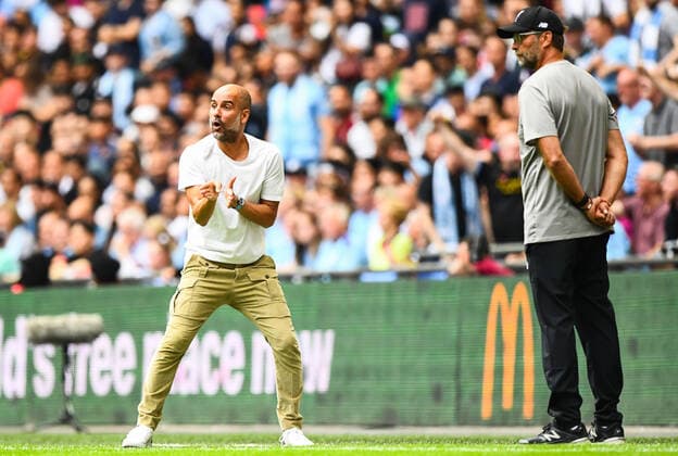 Mandatory Credit: Photo by Javier Garcia BPI Shutterstock (10353269bn) Manchester City Manager Pep Guardiola and Liverpool manager Jurgen Klopp Liverpool v Manchester City, FA Community Shield, Football, Wembley Stadium, London, UK 04 Aug 2019 EDITORIAL USE ONLY No use with unauthorised audio, video, data, fixture lists (outside the EU), club league logos or live services. Online in-match use limited to 45 images (+15 in extra time). No use to emulate moving images. No use in betting, games or single club league player publications services. Liverpool v Manchester City, FA Community Shield, Football, Wembley Stadium, London, UK 04 Aug 2019 EDITORIAL USE ONLY No use with unauthorised audio, video, data, fixture lists (outside the EU), club league logos or live services. Online in-match use limited to 45 images (+15 in extra time). No use to emulate moving images. No use in betting, games or  Copyright: xJavierxGarcia BPI Shutterstockx 10353269bn