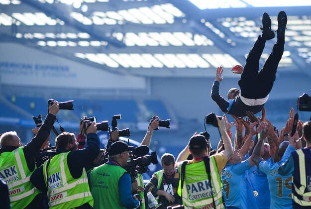 Mandatory Credit: Photo by Javier Garcia BPI Shutterstock (10235129en) Manchester City Manager Pep Guardiola is tossed in the air by the players in celebration after winning the Premier League title Brighton and Hove Albion v Manchester City, Premier League, Football, American Express Community Stadium, Brighton, UK - 12 May 2019 EDITORIAL USE ONLY No use with unauthorised audio, video, data, fixture lists (outside the EU), club league logos or live services. Online in-match use limited to 45 images (+15 in extra time). No use to emulate moving images. No use in betting, games or single club league player publications services. Brighton and Hove Albion v Manchester City, Premier League, Football, American Express Community Stadium, Brighton, UK - 12 May 2019 EDITORIAL USE ONLY No use with unauthorised audio, video, data, fixture lists (outside the EU), club league logos or live services. Online in-match use limited to 45 images (+15 in extra time). No use to emulate moving images. No use in betting, games or  Copyright: xJavierxGarcia BPI Shutterstockx 10235129en