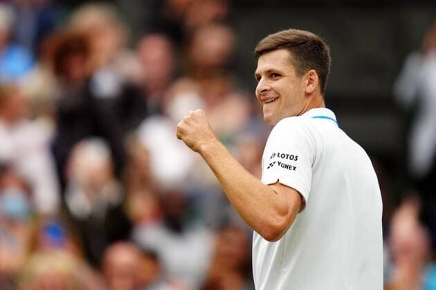 Mandatory Credit: Photo by Javier Garcia Shutterstock (12197711a) Hubert Hurkacz celebrates victory in his fourth round match Wimbledon Tennis Championships, Day 8, The All England Lawn Tennis and Croquet Club, London, UK - 06 Jul 2021 Wimbledon Tennis Championships, Day 8, The All England Lawn Tennis and Croquet Club, London, UK - 06 Jul 2021  Copyright: xJavierxGarcia Shutterstockx 12197711a