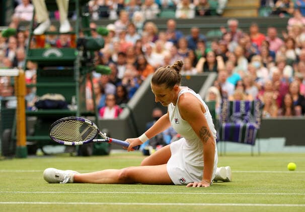 Mandatory Credit: Photo by Shutterstock (12197713e) Karolina Pliskova of Czech Republic slips Wimbledon Tennis Championships, Day 8, The All England Lawn Tennis and Croquet Club, London, UK - 06 Jul 2021 Wimbledon Tennis Championships, Day 8, The All England Lawn Tennis and Croquet Club, London, UK - 06 Jul 2021  Copyright: xShutterstockx 12197713e
