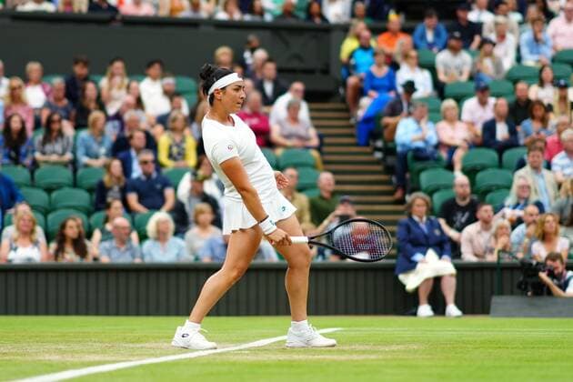 Mandatory Credit: Photo by Javier Garcia Shutterstock (12197711bm) Ons Jabeur during her quarter-final match Wimbledon Tennis Championships, Day 8, The All England Lawn Tennis and Croquet Club, London, UK - 06 Jul 2021 Wimbledon Tennis Championships, Day 8, The All England Lawn Tennis and Croquet Club, London, UK - 06 Jul 2021  Copyright: xJavierxGarcia Shutterstockx 12197711bm