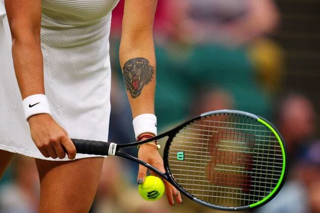 Mandatory Credit: Photo by Javier Garcia Shutterstock (12197711cl) Aryna Sabalenka during her quarter-final match Wimbledon Tennis Championships, Day 8, The All England Lawn Tennis and Croquet Club, London, UK - 06 Jul 2021 Wimbledon Tennis Championships, Day 8, The All England Lawn Tennis and Croquet Club, London, UK - 06 Jul 2021  Copyright: xJavierxGarcia Shutterstockx 12197711cl