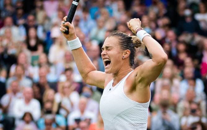 Mandatory Credit: Photo by Rob Prange Shutterstock (12197719p) Aryna Sabalenka of Belarus in action during the quarter-final at the 2021 Wimbledon Championships Grand Slam tennis tournament Wimbledon Tennis Championships, Day 8, The All England Lawn Tennis and Croquet Club, London, UK - 06 Jul 2021 Wimbledon Tennis Championships, Day 8, The All England Lawn Tennis and Croquet Club, London, UK - 06 Jul 2021  Copyright: xRobxPrange Shutterstockx 12197719p