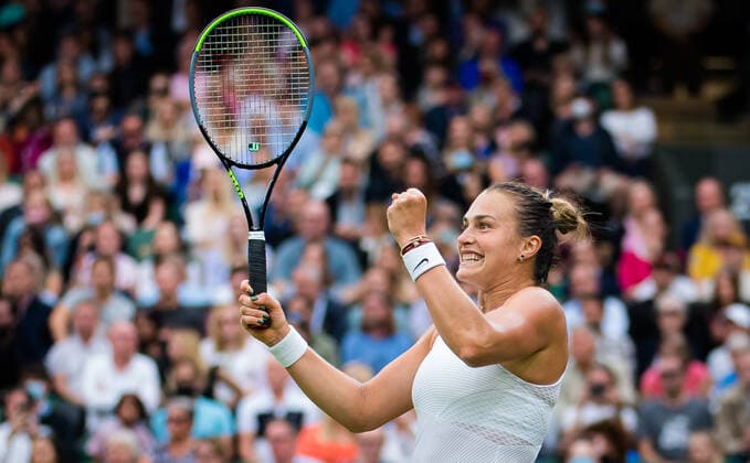 July 6, 2021: Aryna Sabalenka of Belarus in action during the quarter-final at the 2021 Wimbledon Championships Grand Slam tennis tournament against Ons Jabeur of Tunisia London United Kingdom - ZUMAa181 20210706_zaa_a181_060 Copyright: xRobxPrangex