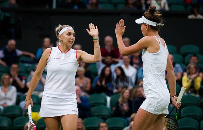 July 6, 2021: Elena Vesnina & Veronika Kudermetova of Russia playing doubles at the 2021 Wimbledon Championships Grand Slam tennis tournament - ZUMAa181 20210706_zaa_a181_106 Copyright: xRobxPrangex