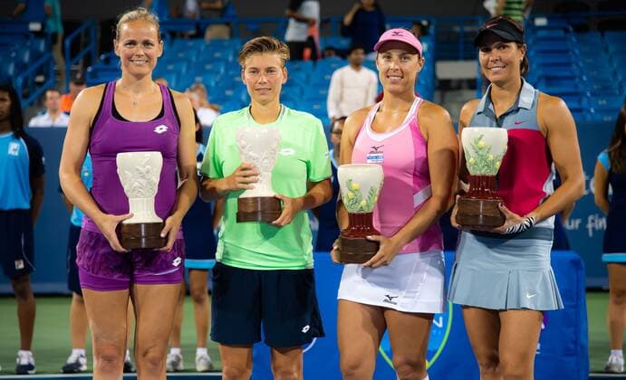 Mandatory Credit: Photo by Rob Prange Shutterstock (10364093ck) Anna Lena Groenefeld of Germany & Demi Schuurs of the Netherlands and Andreja Klepac of Slovenia & Lucie Hradecka of the Czech Republic pose with their trophies after the doubles final Western and Southern Open tennis tournament, Cincinnati, USA - 17 Aug 2019 Western and Southern Open tennis tournament, Cincinnati, USA - 17 Aug 2019  Copyright: xRobxPrange Shutterstockx 10364093ck