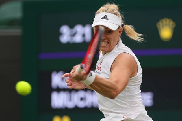 (210707) -- LONDON, July 7, 2021 -- Angelique Kerber of Germany hits a return during the woman s quarterfinal match between Karolina Muchova of the Czech Republic and Angelique Kerber of Germany at Wimbledon tennis Championship in London, Britain, on July 6, 2021. (Photo by Xinhua) (SP)BRITAIN-LONDON-TENNIS-WIMBLEDON TimxIreland 