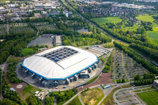 Luftbild, Schalke Veltins-Arena, Rudi-Assauer-Platz, Auszugsfläche für Rasen, Erle, Gelsenkirchen, Ruhrgebiet, Nordrhein-Westfalen, Deutschland !ACHTUNGxMINDESTHONORARx60xEURO!