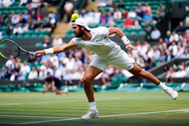 Mandatory Credit: Photo by Shutterstock (12199111e) Karen Khachanov during his quarter-final match Wimbledon Tennis Championships, Day 9, The All England Lawn Tennis and Croquet Club, London, UK - 07 Jul 2021 Wimbledon Tennis Championships, Day 9, The All England Lawn Tennis and Croquet Club, London, UK - 07 Jul 2021  Copyright: xShutterstockx 12199111e