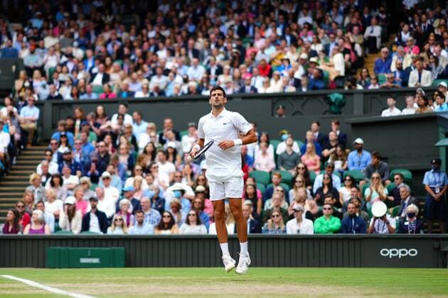Mandatory Credit: Photo by Javier Garcia Shutterstock (12199110cp) Novak Djokovic celebrates breaking serve during his quarter-final match Wimbledon Tennis Championships, Day 9, The All England Lawn Tennis and Croquet Club, London, UK - 07 Jul 2021 Wimbledon Tennis Championships, Day 9, The All England Lawn Tennis and Croquet Club, London, UK - 07 Jul 2021  Copyright: xJavierxGarcia Shutterstockx 12199110cp