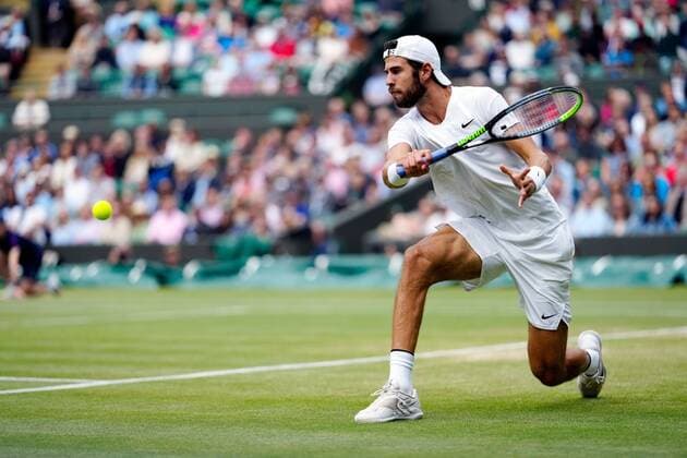 Mandatory Credit: Photo by Shutterstock (12199111bi) Karen Khachanov during his quarter-final match Wimbledon Tennis Championships, Day 9, The All England Lawn Tennis and Croquet Club, London, UK - 07 Jul 2021 Wimbledon Tennis Championships, Day 9, The All England Lawn Tennis and Croquet Club, London, UK - 07 Jul 2021  Copyright: xShutterstockx 12199111bi