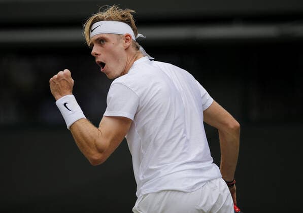 Mandatory Credit: Photo by Shutterstock (12199112ae) Denis Shapovalov of Canada celebrates Wimbledon Tennis Championships, Day 9, The All England Lawn Tennis and Croquet Club, London, UK - 07 Jul 2021 Wimbledon Tennis Championships, Day 9, The All England Lawn Tennis and Croquet Club, London, UK - 07 Jul 2021  Copyright: xShutterstockx 12199112ae