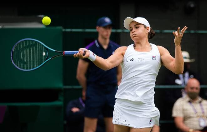 Mandatory Credit: Photo by Rob Prange Shutterstock (12200588v) Ashleigh Barty of Australia in action during the semi-final of the 2021 Wimbledon Championships Grand Slam tennis tournament Wimbledon Tennis Championships, Day 10, The All England Lawn Tennis and Croquet Club, London, UK - 08 Jul 2021 Wimbledon Tennis Championships, Day 10, The All England Lawn Tennis and Croquet Club, London, UK - 08 Jul 2021  Copyright: xRobxPrange Shutterstockx 12200588v