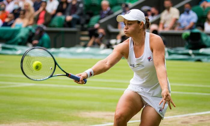 Mandatory Credit: Photo by Rob Prange Shutterstock (12200588q) Ashleigh Barty of Australia in action during the semi-final of the 2021 Wimbledon Championships Grand Slam tennis tournament Wimbledon Tennis Championships, Day 10, The All England Lawn Tennis and Croquet Club, London, UK - 08 Jul 2021 Wimbledon Tennis Championships, Day 10, The All England Lawn Tennis and Croquet Club, London, UK - 08 Jul 2021  Copyright: xRobxPrange Shutterstockx 12200588q