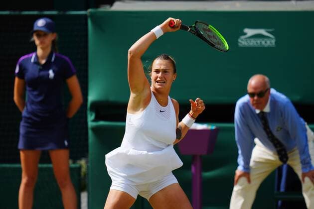 Mandatory Credit: Photo by Javier Garcia Shutterstock (12200578ce) Aryna Sabalenka during her semi-final match Wimbledon Tennis Championships, Day 10, The All England Lawn Tennis and Croquet Club, London, UK - 08 Jul 2021 Wimbledon Tennis Championships, Day 10, The All England Lawn Tennis and Croquet Club, London, UK - 08 Jul 2021  Copyright: xJavierxGarcia Shutterstockx 12200578ce