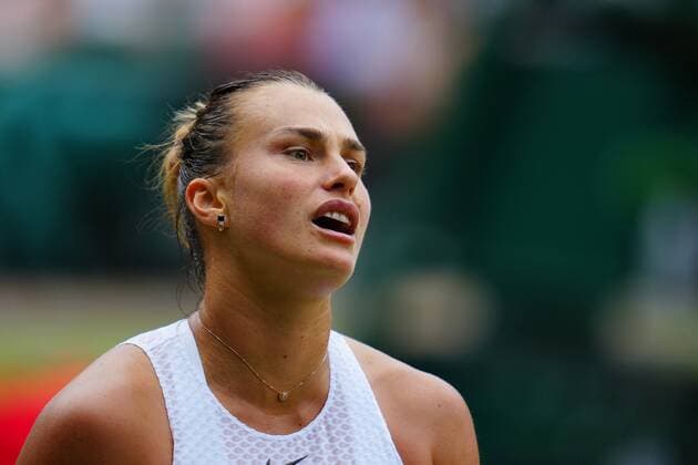 Mandatory Credit: Photo by Javier Garcia Shutterstock (12200578fv) Aryna Sabalenka during her semi-final match Wimbledon Tennis Championships, Day 10, The All England Lawn Tennis and Croquet Club, London, UK - 08 Jul 2021 Wimbledon Tennis Championships, Day 10, The All England Lawn Tennis and Croquet Club, London, UK - 08 Jul 2021  Copyright: xJavierxGarcia Shutterstockx 12200578fv