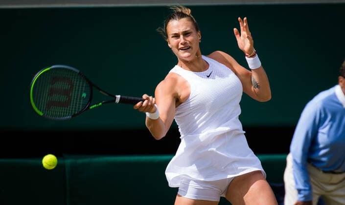 July 8, 2021: Aryna Sabalenka of Belarus in action during the semi-final of the 2021 Wimbledon Championships Grand Slam tennis tournament against Karolina Pliskova of the Czech Republic - ZUMAa181 20210708_zaa_a181_062 Copyright: xRobxPrangex